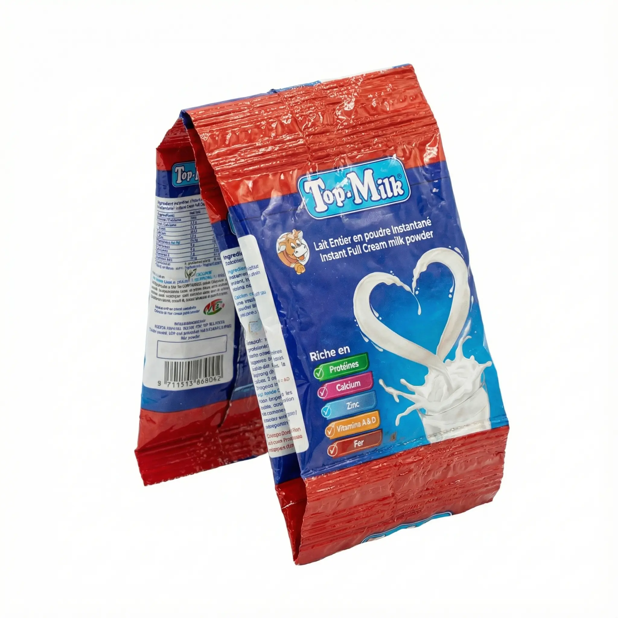 vue laterale du sachet de lait entier en poudre top milk